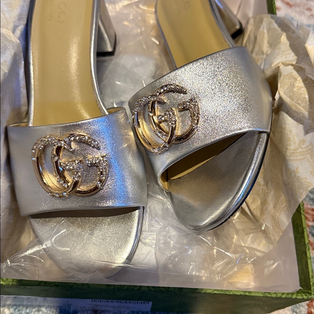 Gucci Metallic Silver Slide Sandals